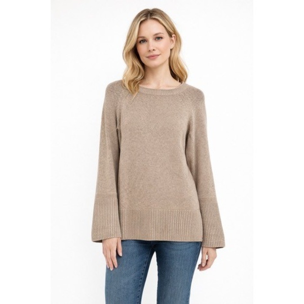 Ann Taylor Sweater Women S Bell Sleeve Crew Neck Knit‎ Beige Cotton Blend